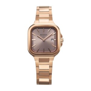 titan slim square quartz analog watchdual finish shaped case crown guard date window at 3h sunray dial with metal indices combination of satin and gloss finish on the integrated strap